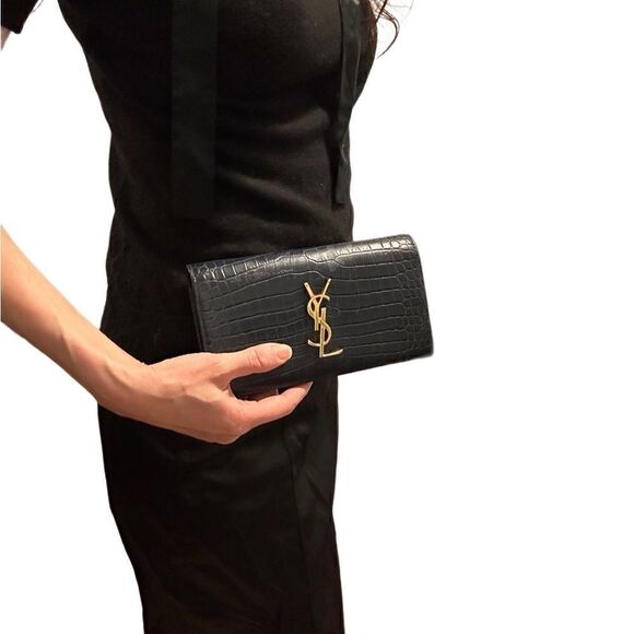 YSL dark navy crocodile embroidered leather long wallet - Picture 3 of 16